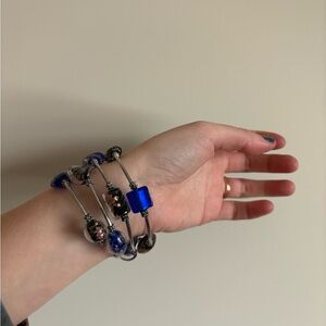 Silver Stretchy Spiral Blue Beaded Bracelet